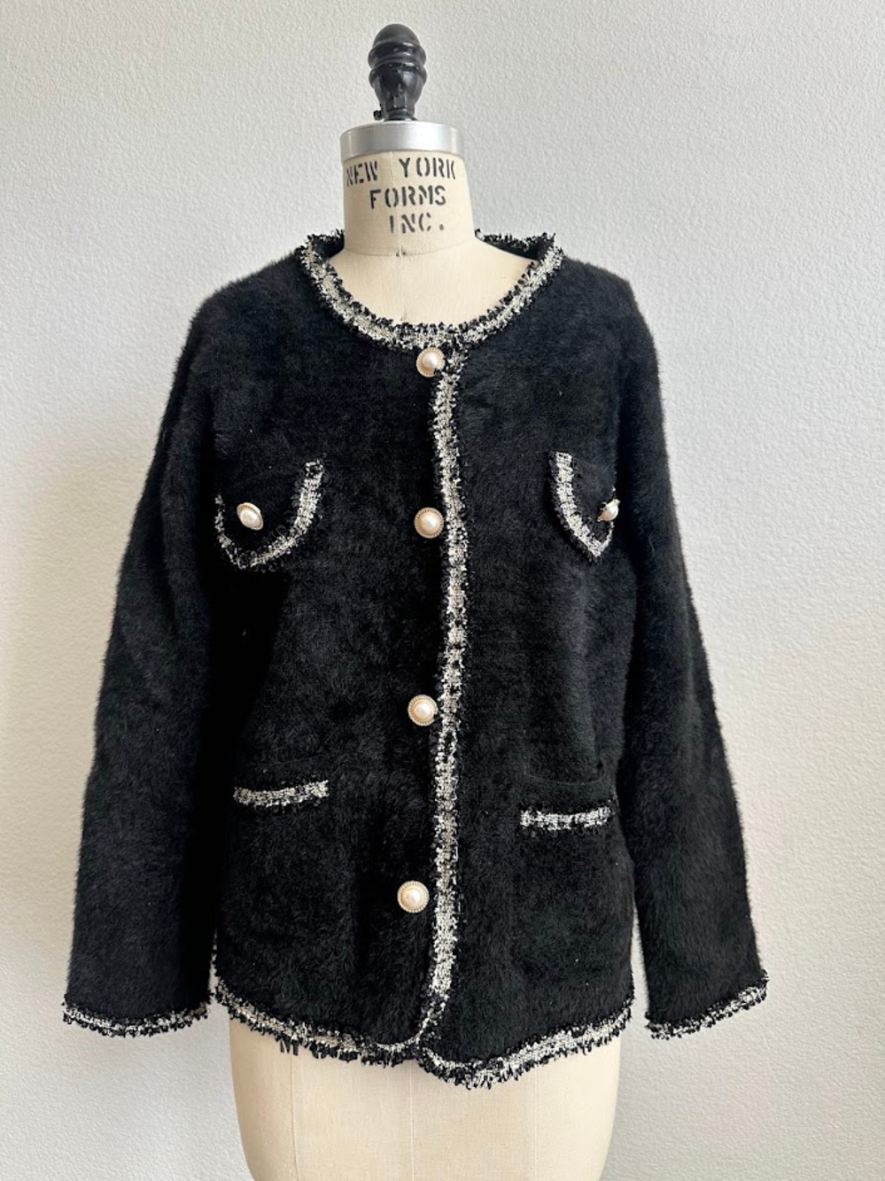 Black Fuzzy Tweed Trim Pearl Button Cardigan One Size